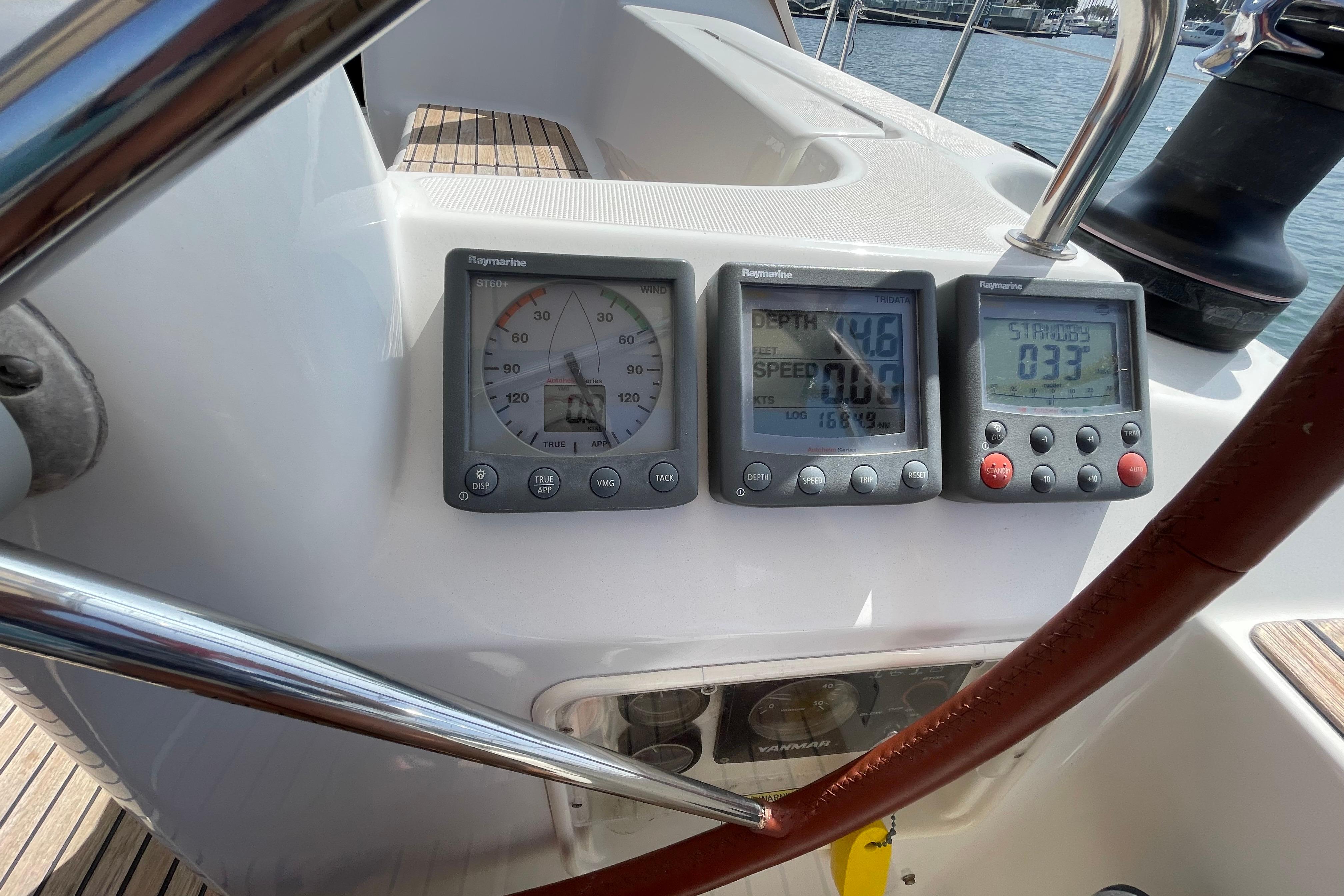 Cockpit instruments on a 2007 Jeanneau Sun Odyssey 39 DS sailboat, displaying speed and depth.