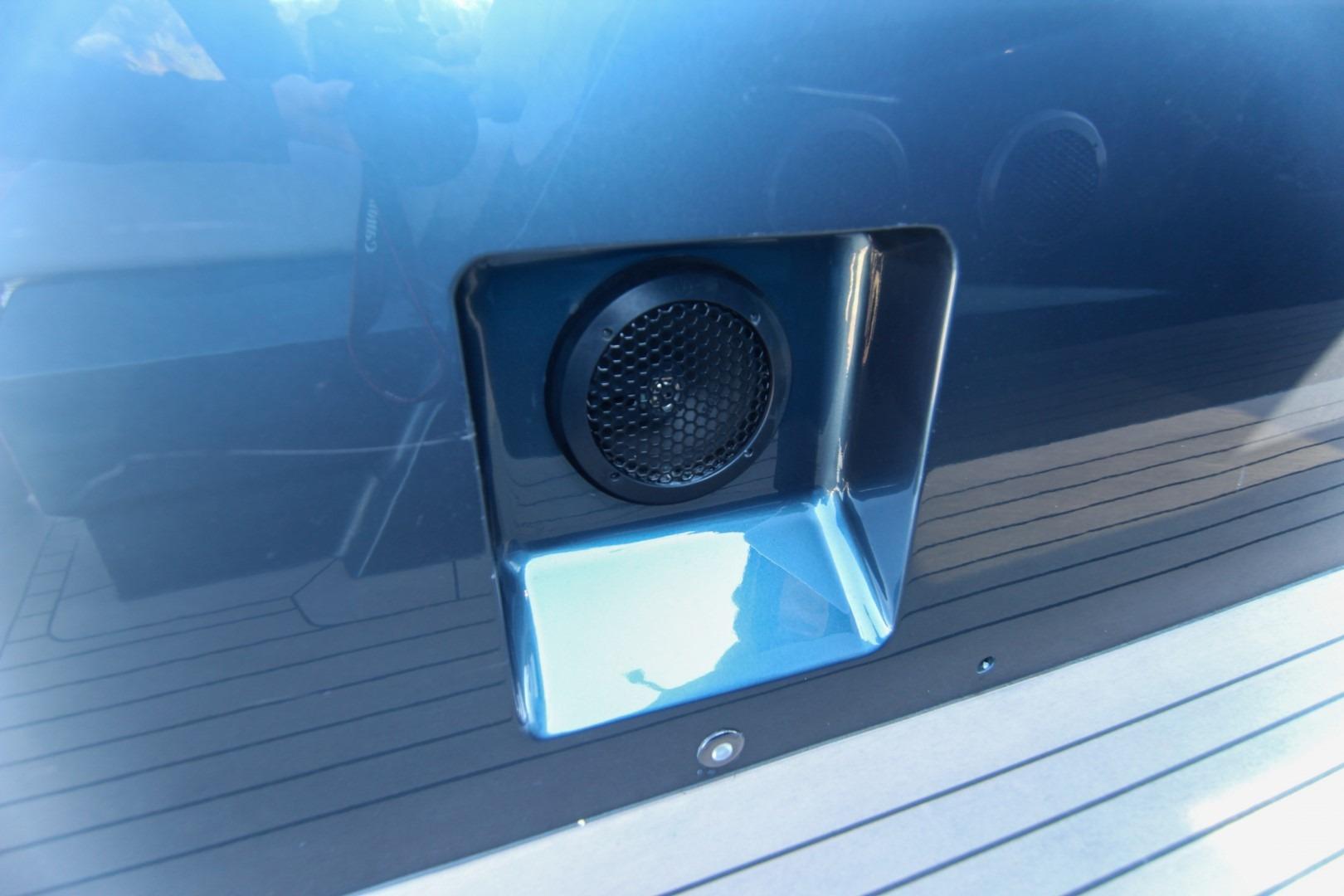 Close-up of a 2022 Vanquish Yachts VQ45 speaker detail on deck.