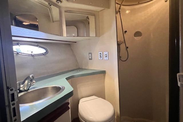1989 Trojan 12 Meter Motor Yacht bathroom with sink, toilet, and shower.