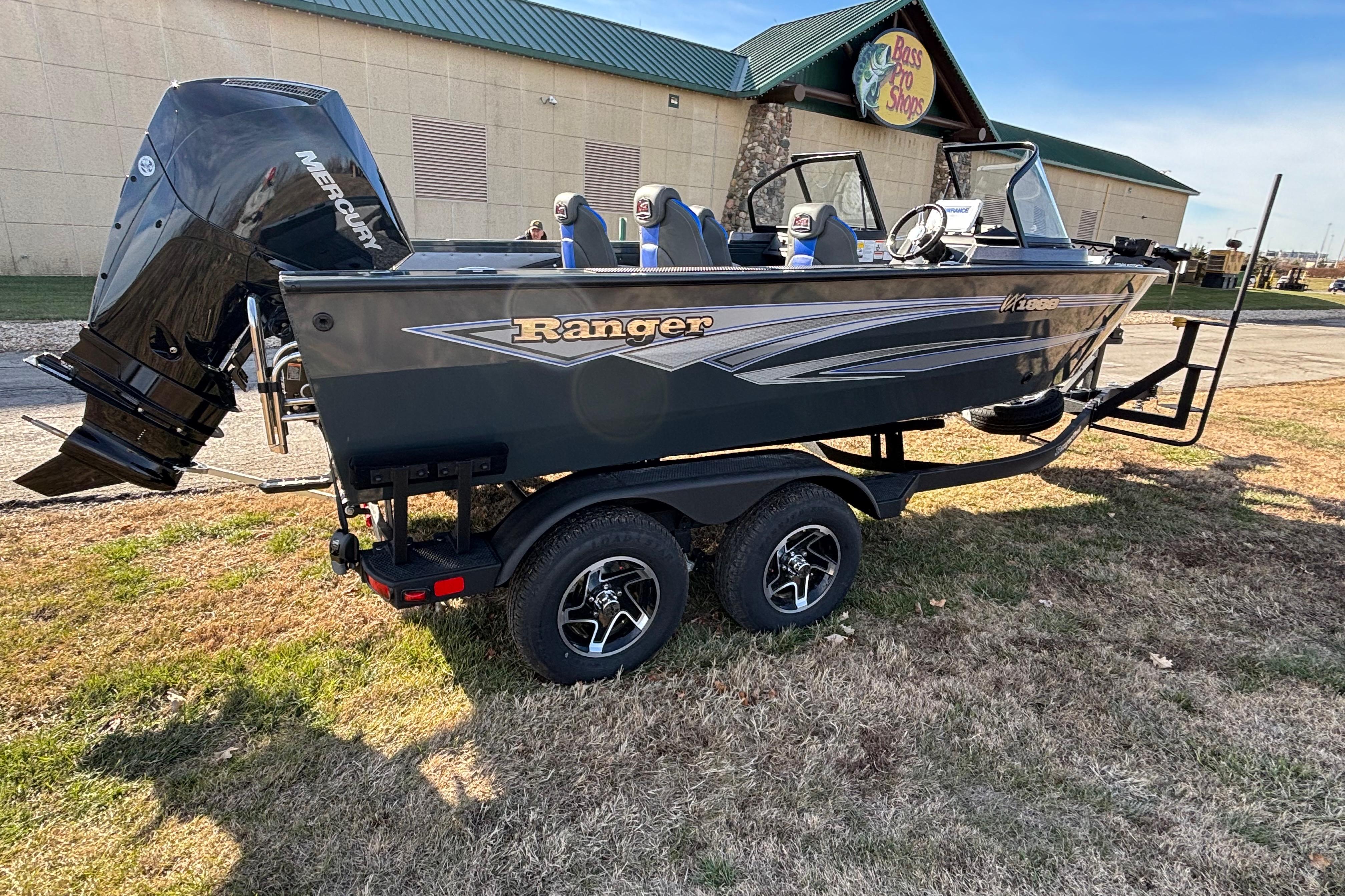 2026 Ranger VX1888 WT boat on trailer outside Bass Pro Shops.