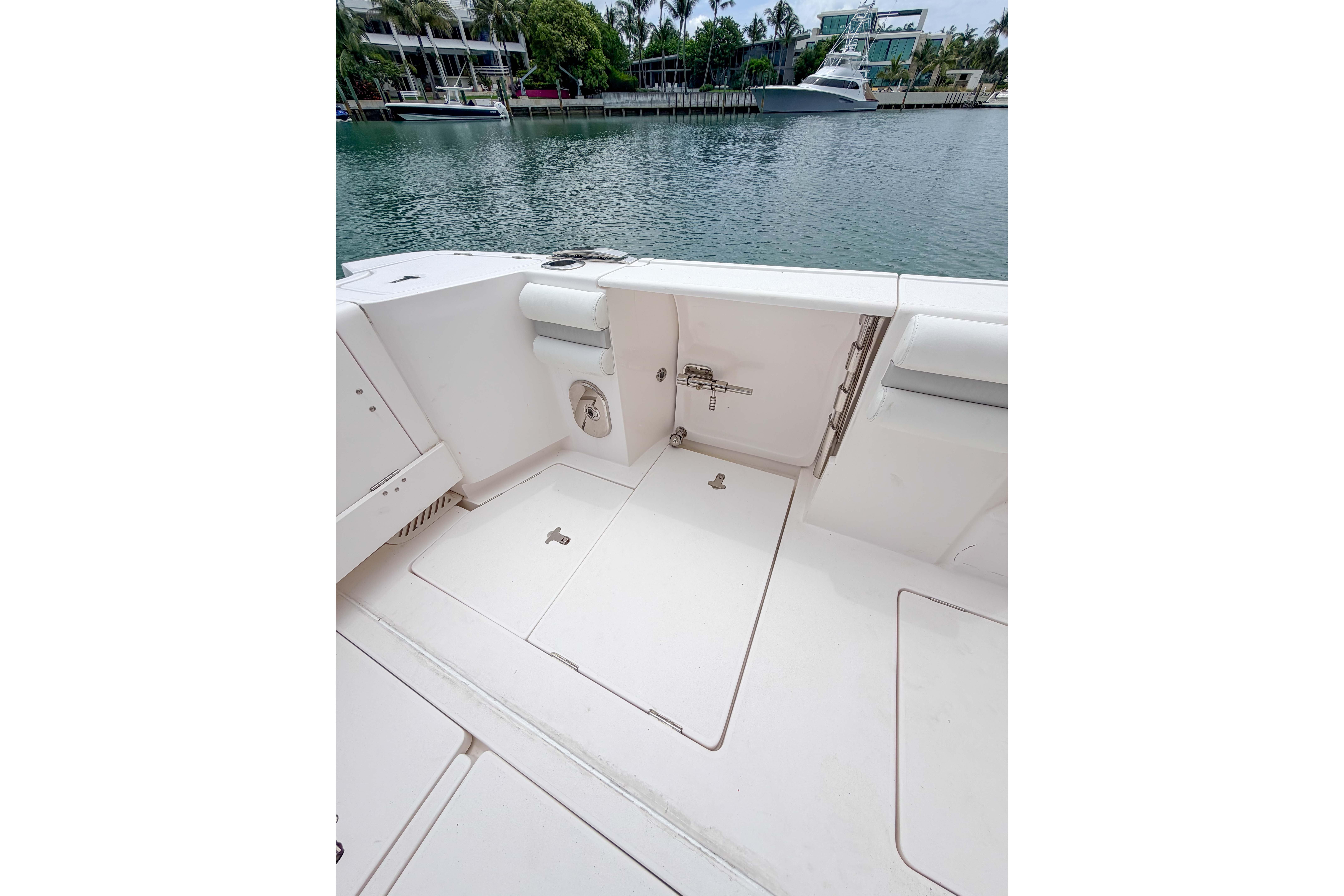 2021 Intrepid 409 Valor boat deck with waterfront view.