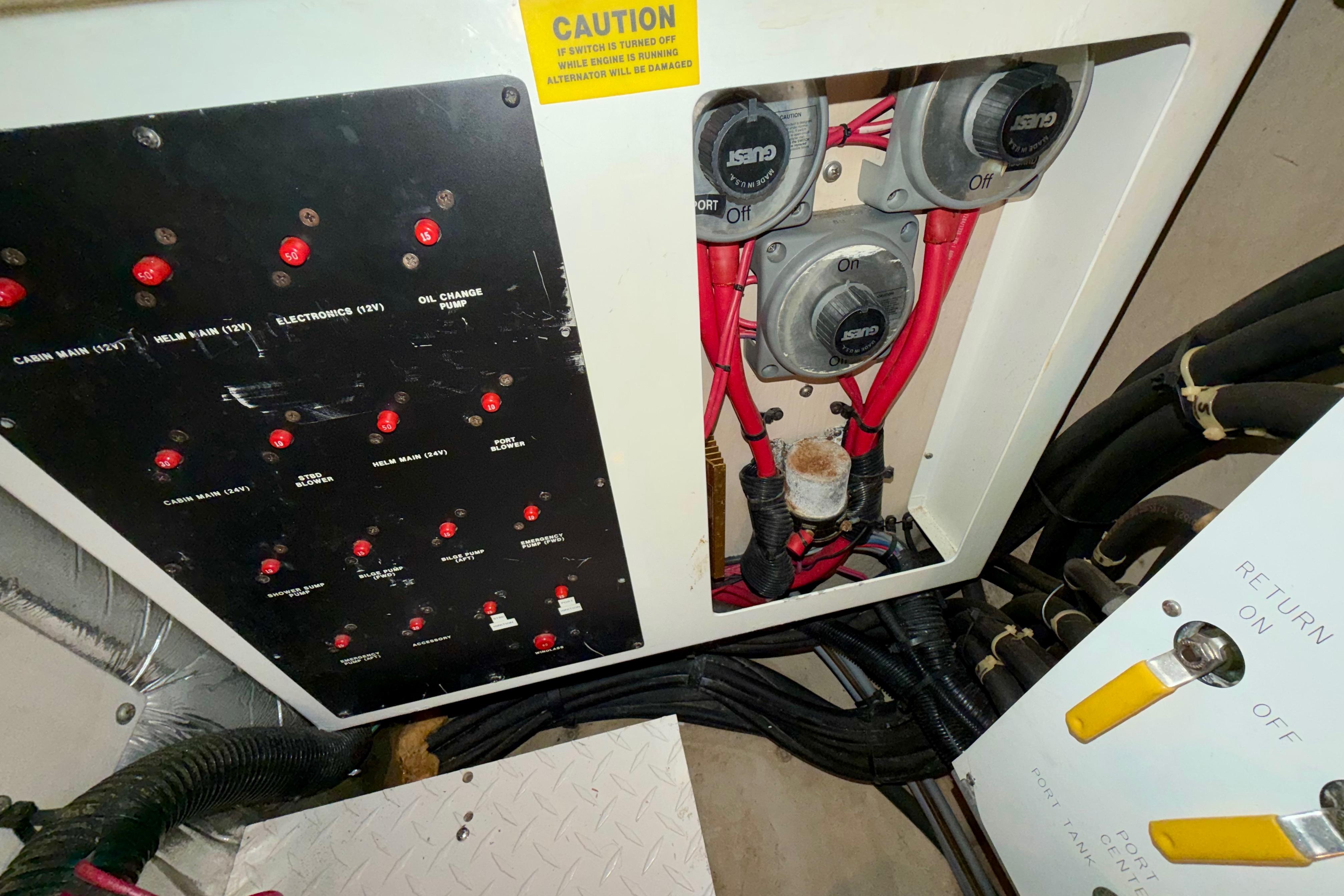 Electrical panel and switches in a 1997 Sea Ray 500 Sundancer boat.
