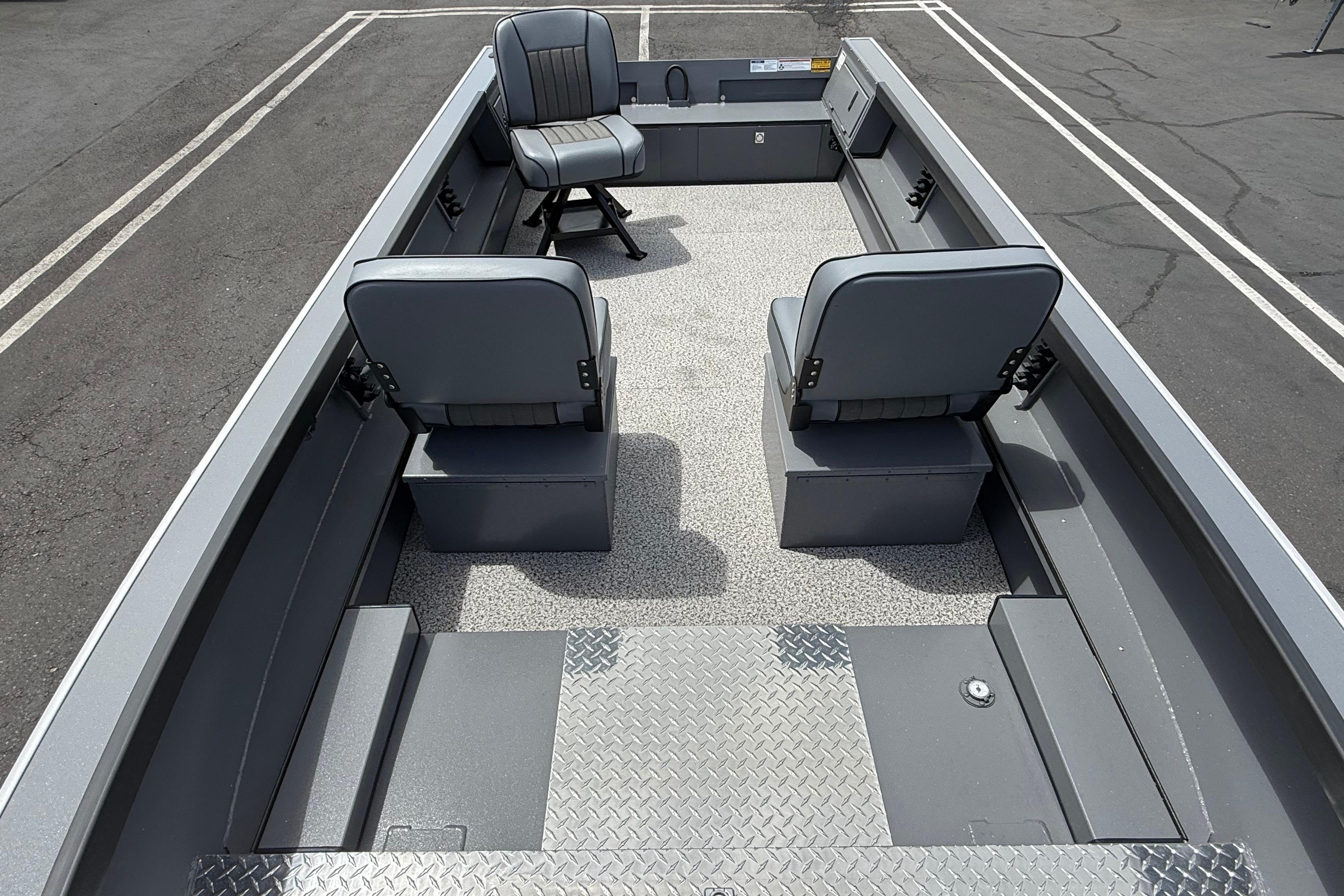 2026 Alumaweld Free Drifter 20 boat interior with gray seating and spacious layout.