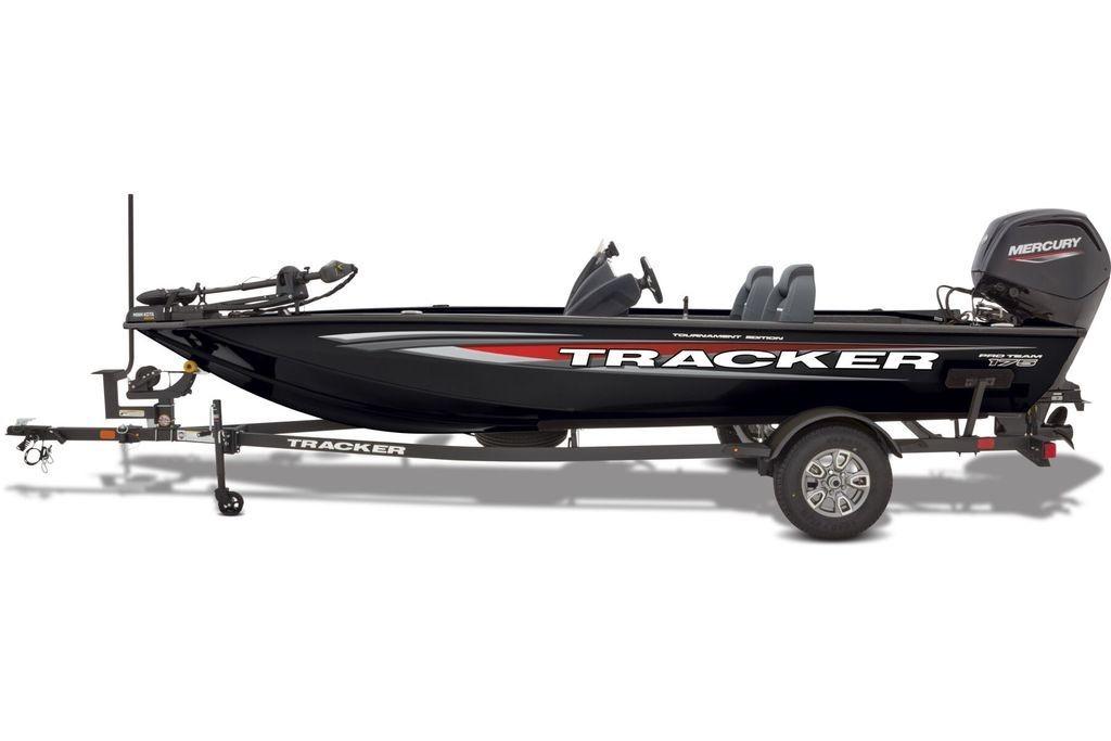 2026 Tracker Pro Team 175 fishing boat on trailer, featuring Mercury outboard motor.
