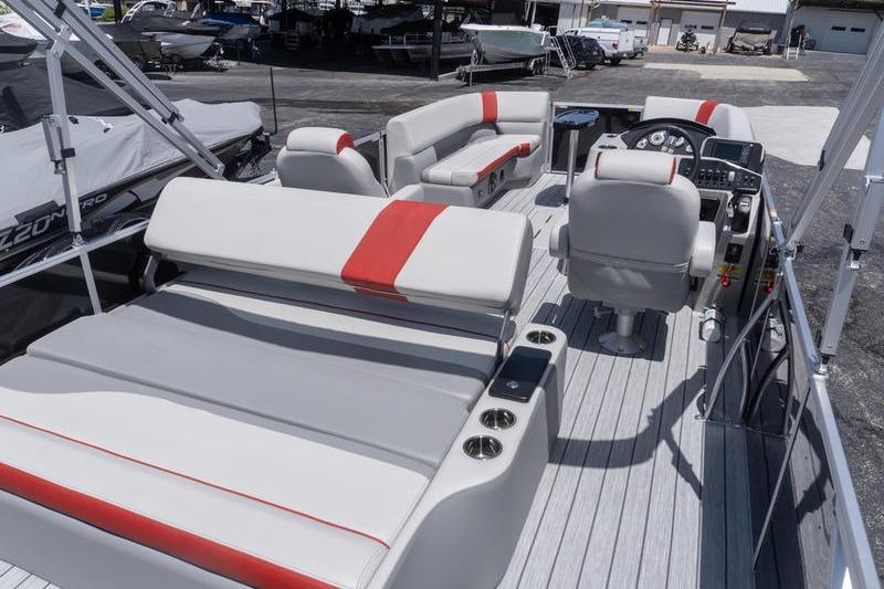 2026 SunCatcher Select 322SL pontoon boat interior with modern seating and helm.