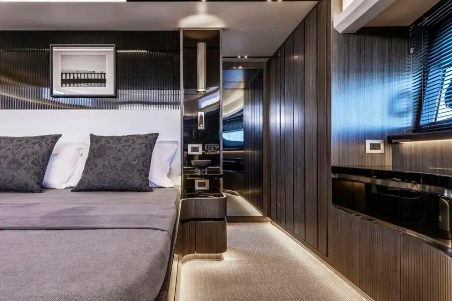 Luxurious interior of 2023 Pearl 72 yacht with modern design and elegant furnishings.