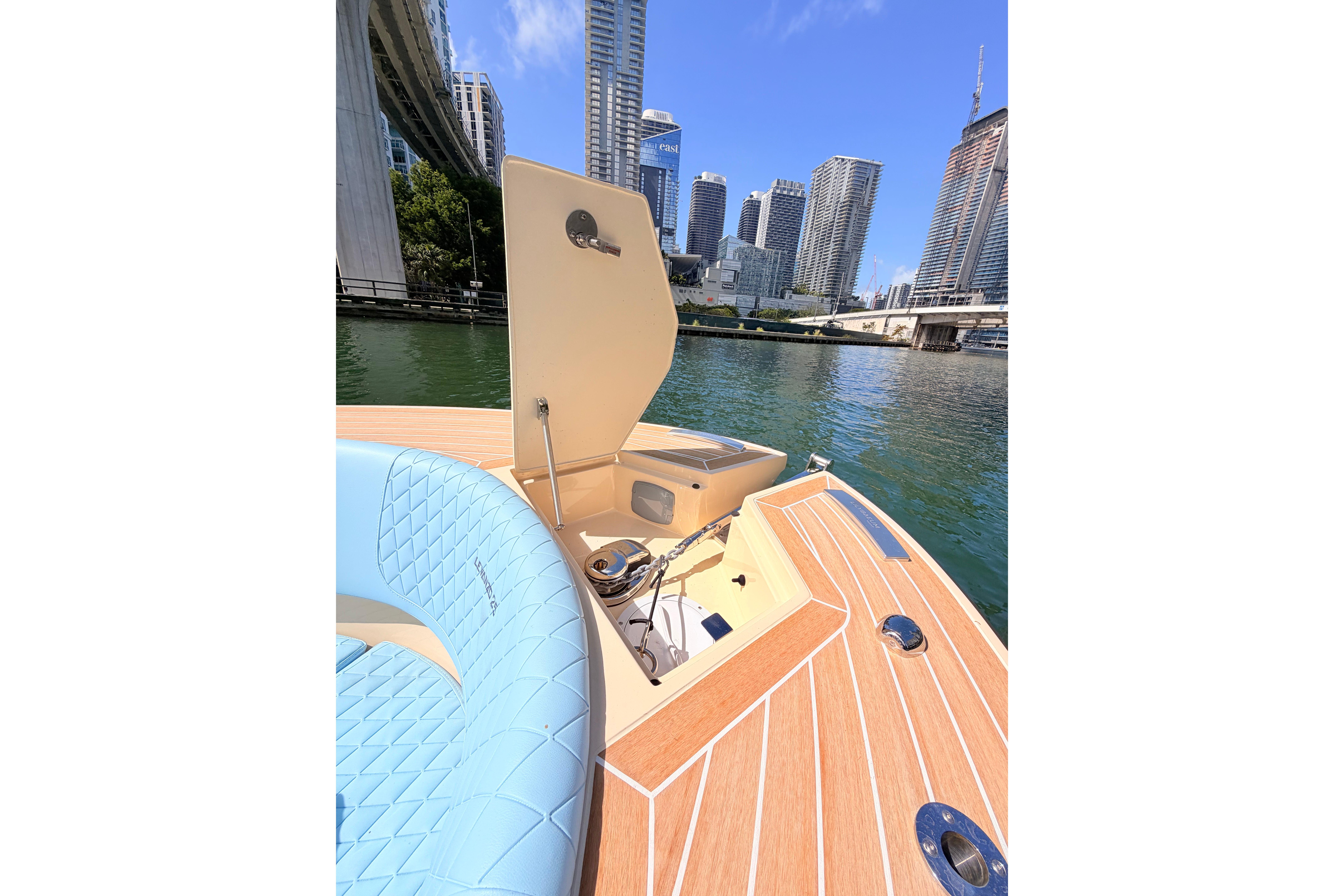 Luxury Lilybaeum Levanzo 25 boat interior with city skyline, 2026 model.