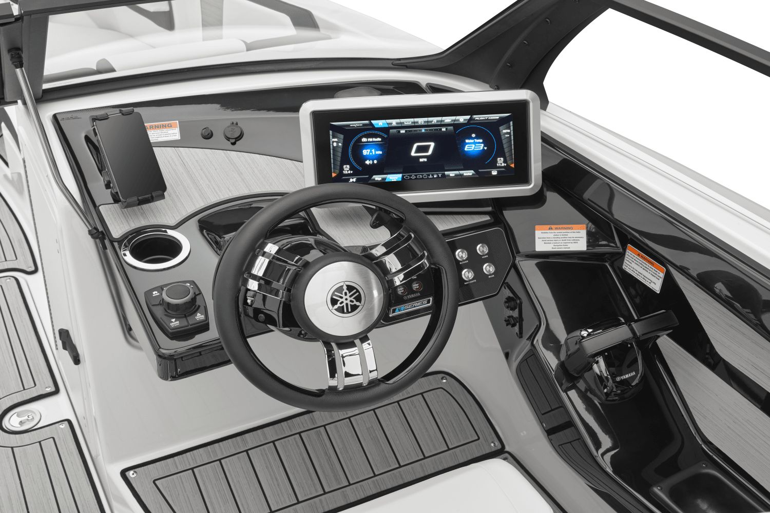 The image shows the cockpit of a Yamaha 222SD boat with a modern steering wheel and large display.
