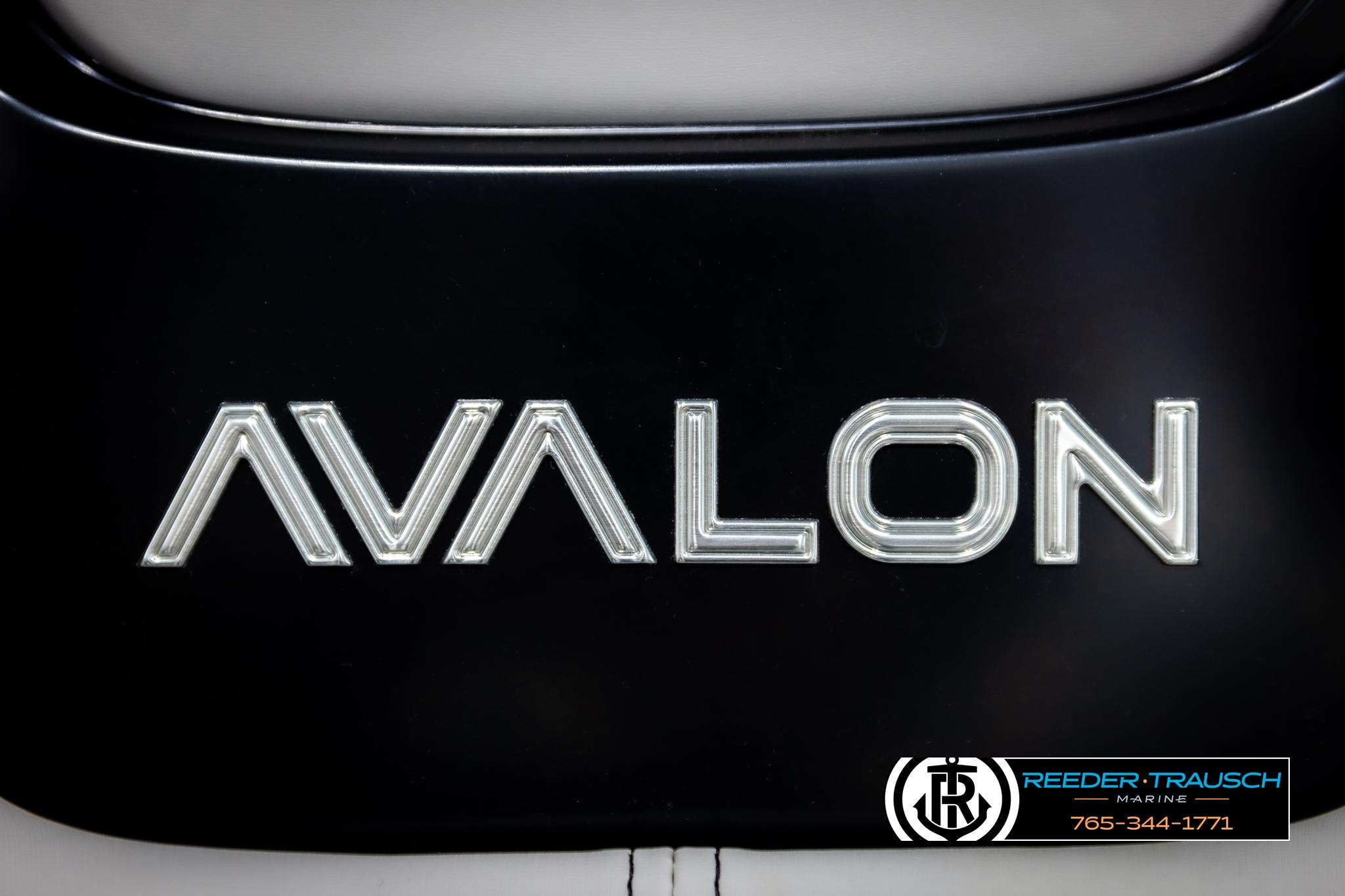Close-up of Avalon logo on 2025 Avalon 2585 Excal VRBW boat.