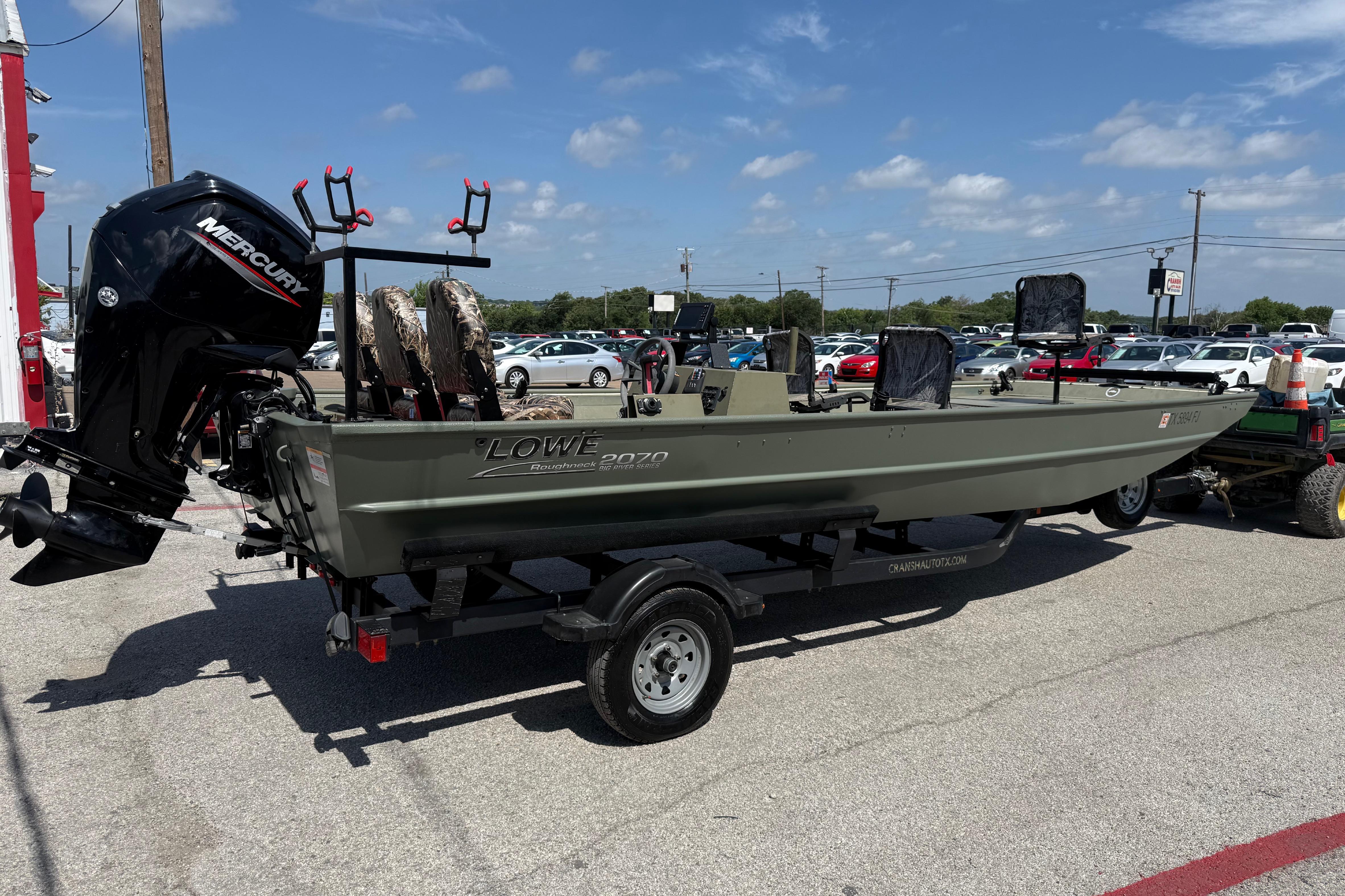 Lowe Roughneck 2070 Big River 2020 on a trailer, featuring a Mercury outboard motor.