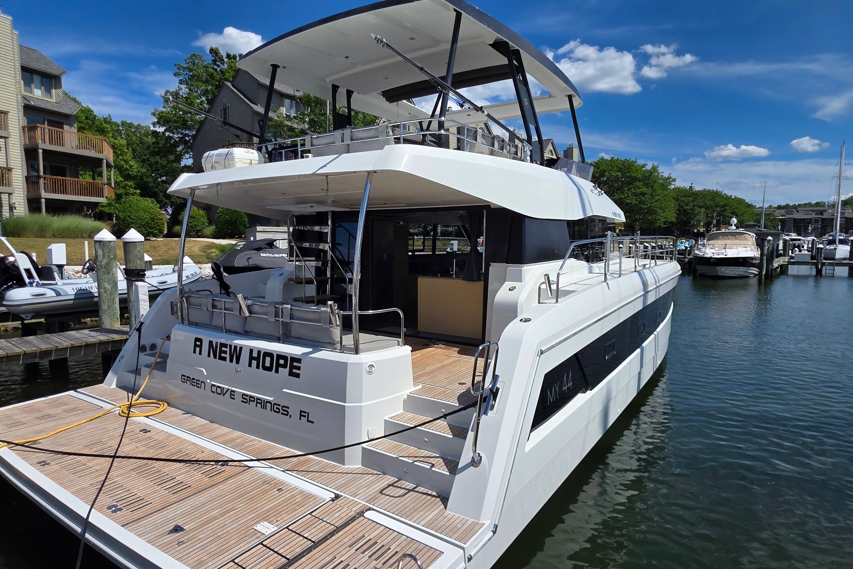 2018 Fountaine Pajot Motor Yacht 44 docked, named "A New Hope," in Green Cove Springs, FL.