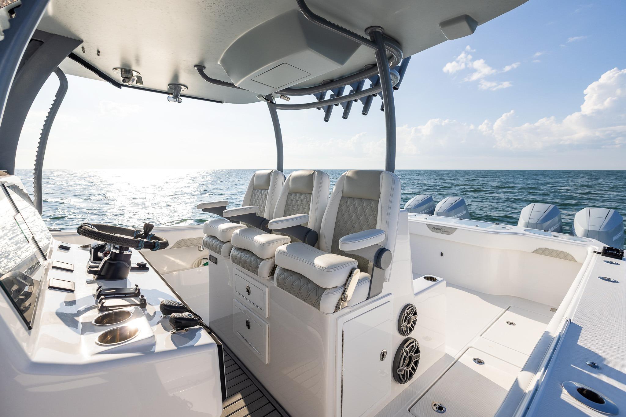 Luxurious 2026 Front Runner 37 Catamaran interior with ocean view and modern seating.