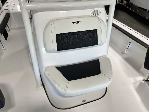 2025 Tidewater 2300 Carolina Bay boat seat with white and black upholstery.
