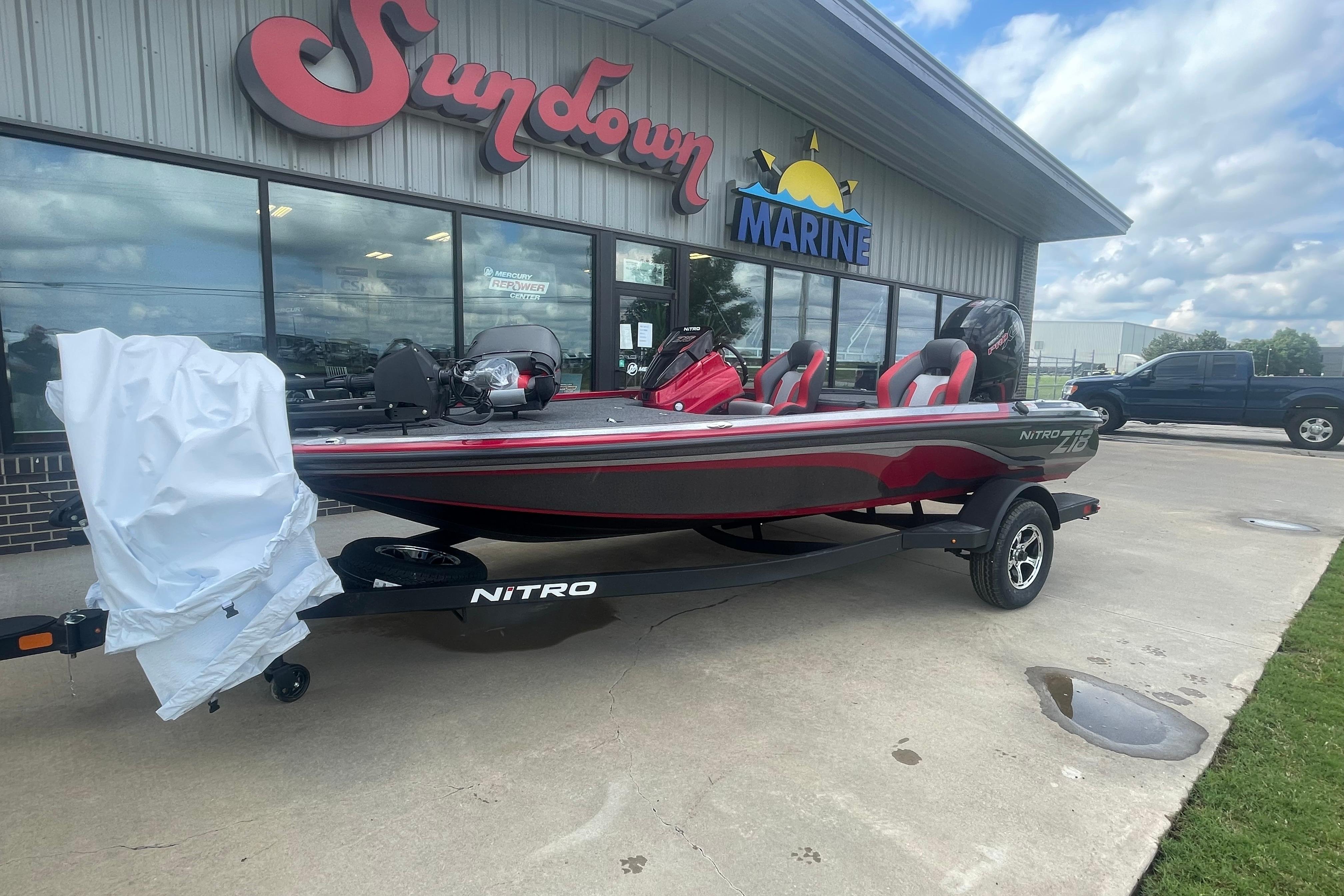 2026 Nitro Z18 Pro boat displayed outside Sundown Marine dealership.