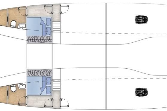 Floor plan of 2026 Diamond Yachts P55 Power Catamaran, showcasing cabin layout and amenities.