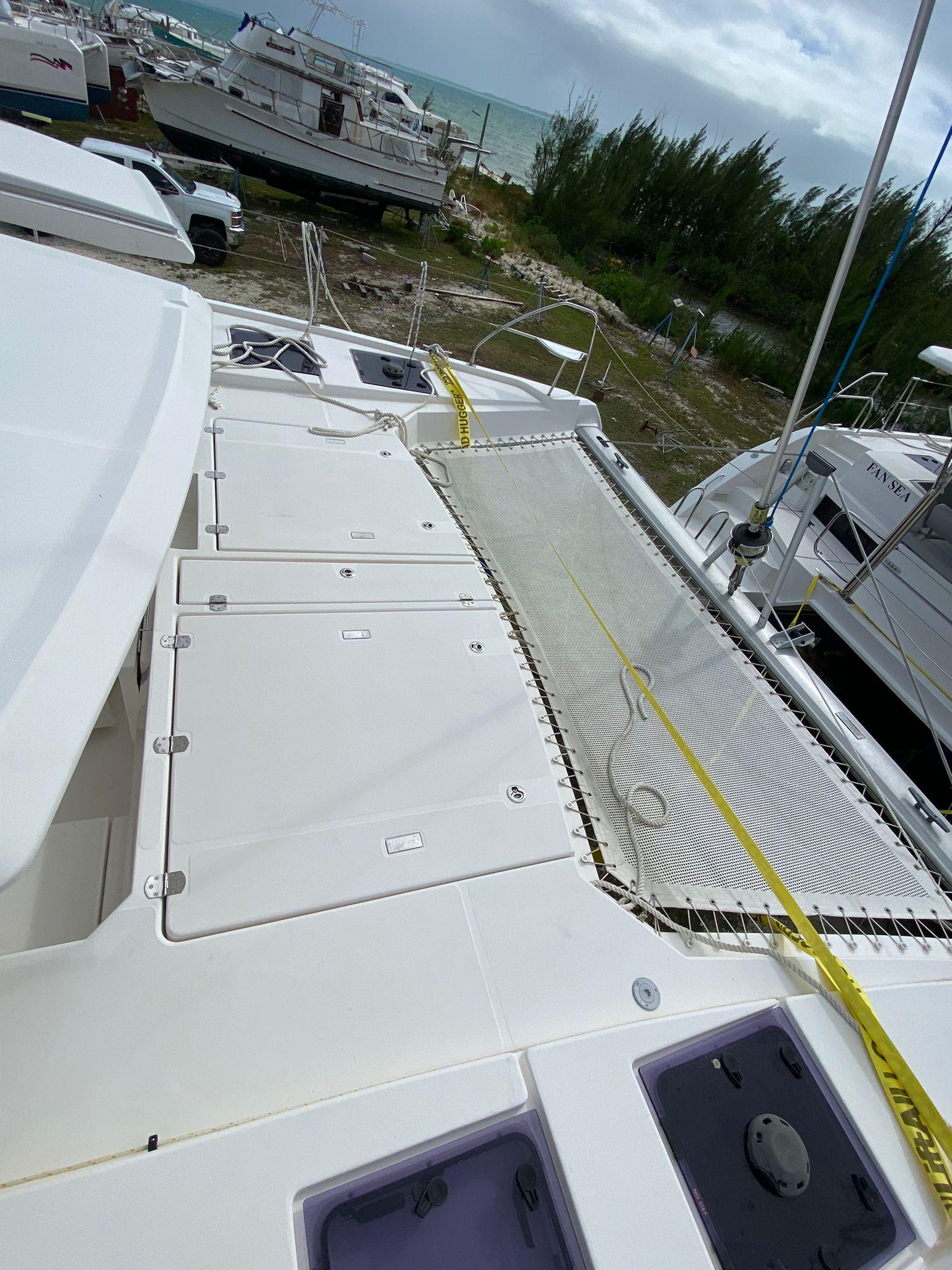 Leopard 45 catamaran deck, 2020 model, docked with ocean view.