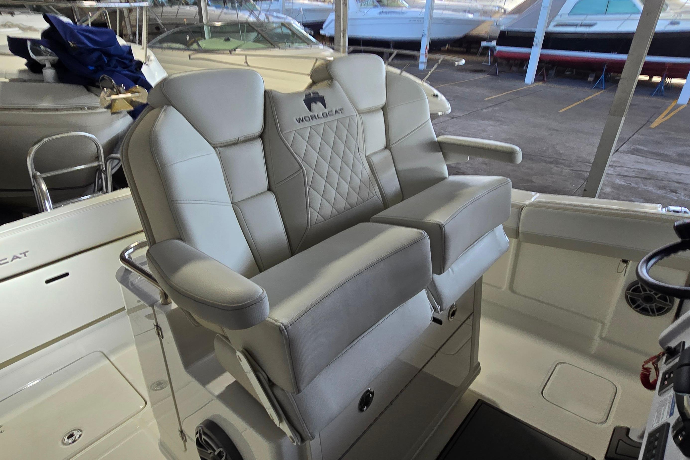 2024 WorldCat 280 CC-X boat interior with luxurious seating and modern design.