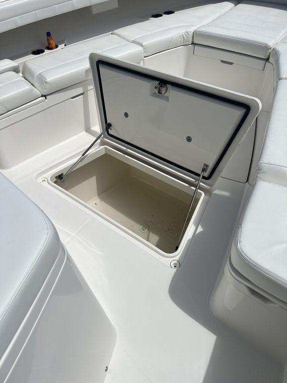 Open storage compartment on a 2021 Regulator 41 boat.