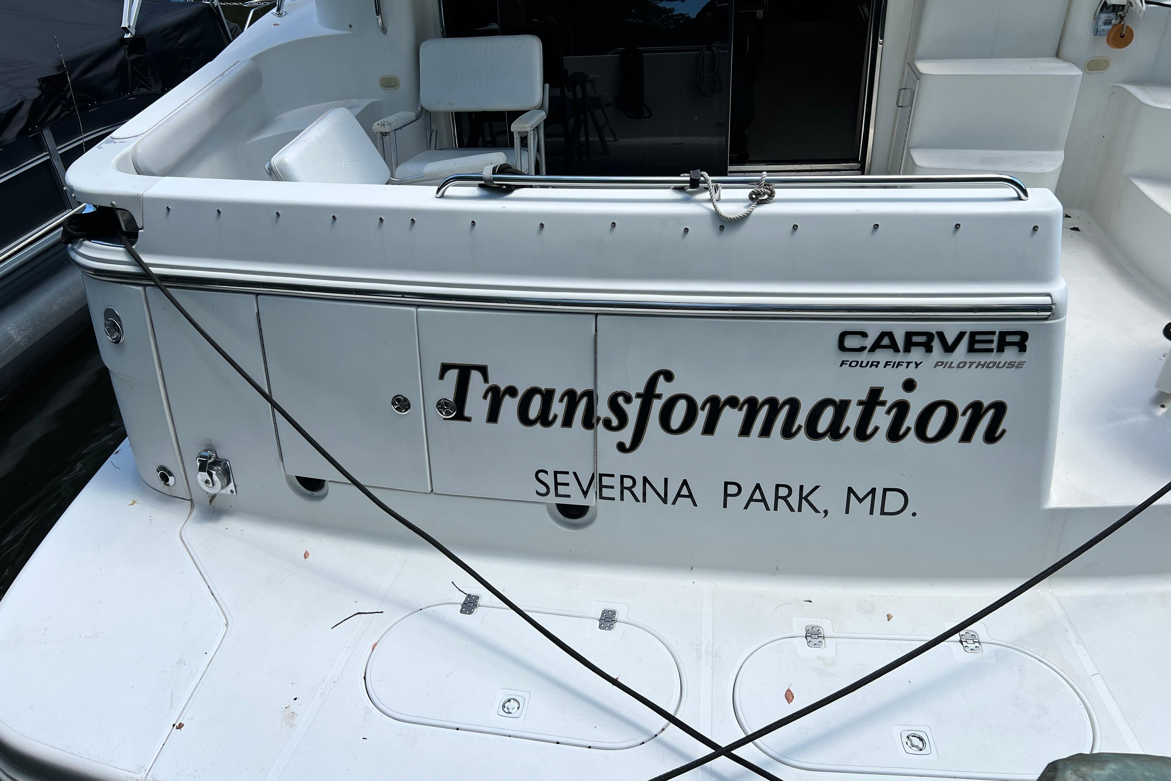 2003 Carver 450 Voyager Pilothouse boat named "Transformation" docked in Severna Park, MD.