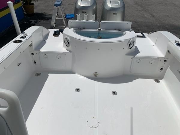 2008 Sea Fox 236WA Pro Series boat deck with twin 115 engines.