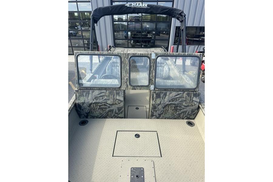 2025 SeaArk Predator 300 AK boat with camouflage design and spacious deck.
