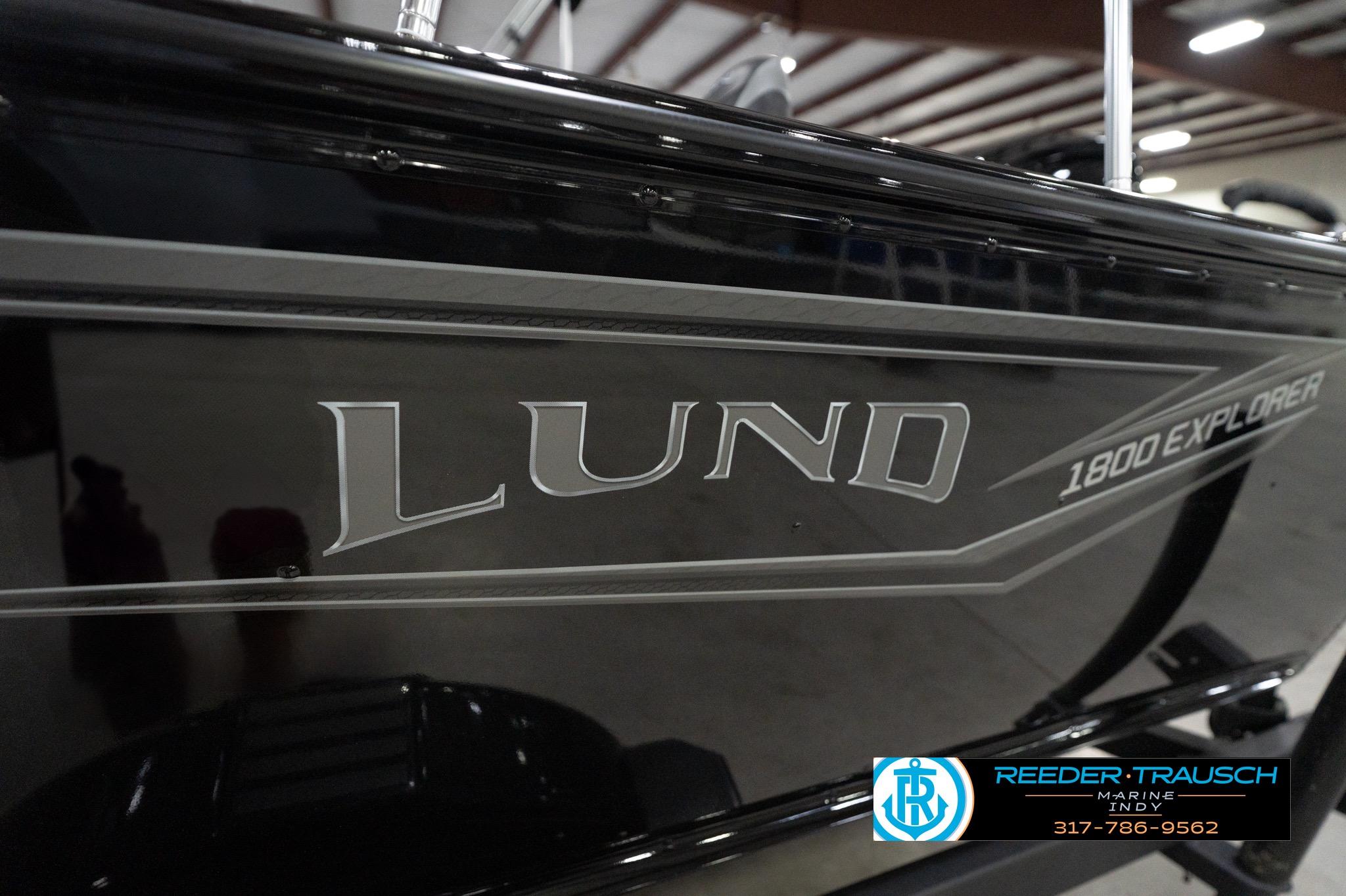 2026 Lund 1800 Explorer Sport boat side view in showroom setting.