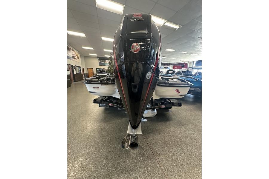 2026 Bass Cat Lynx STS boat with powerful V8 engine in showroom.