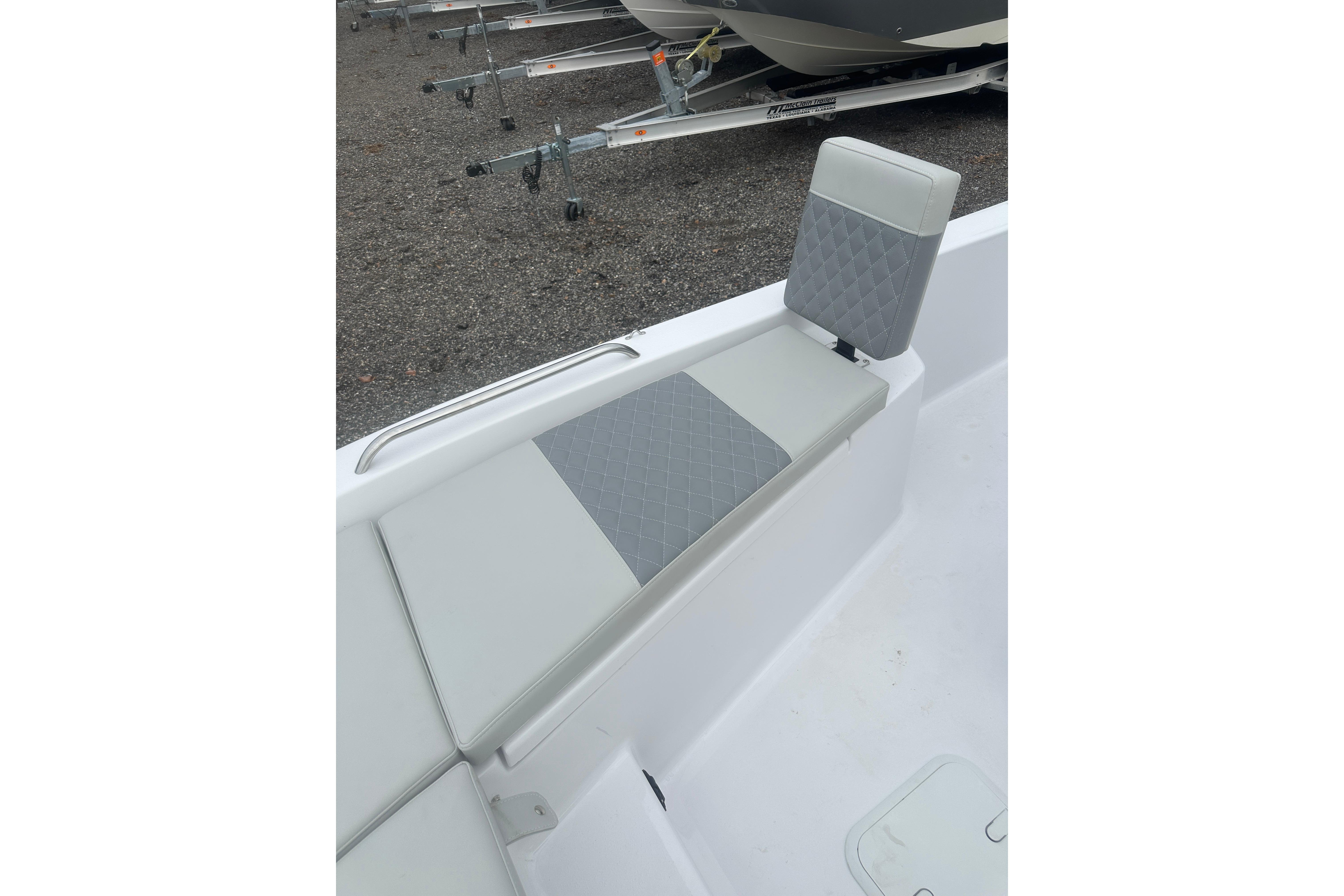 2026 Action Craft 22 Bay boat seat with gray diamond-pattern upholstery.
