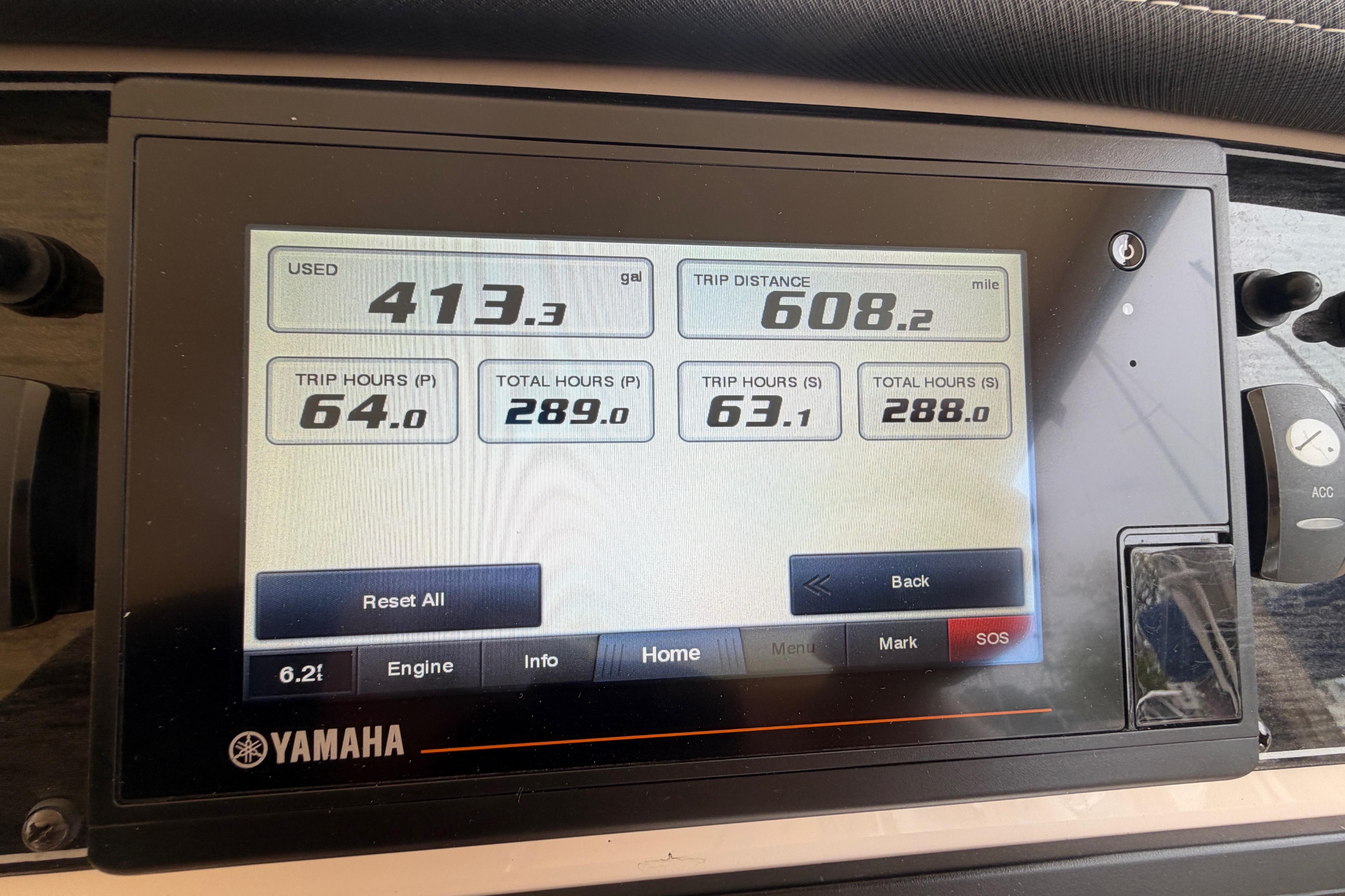 Yamaha display showing fuel usage and trip data for 2019 Grady-White Freedom 307 boat.