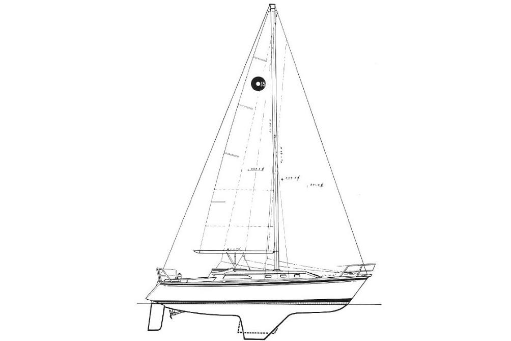 Line drawing of a 1986 O'Day 35 sailboat, showcasing its design and structure.