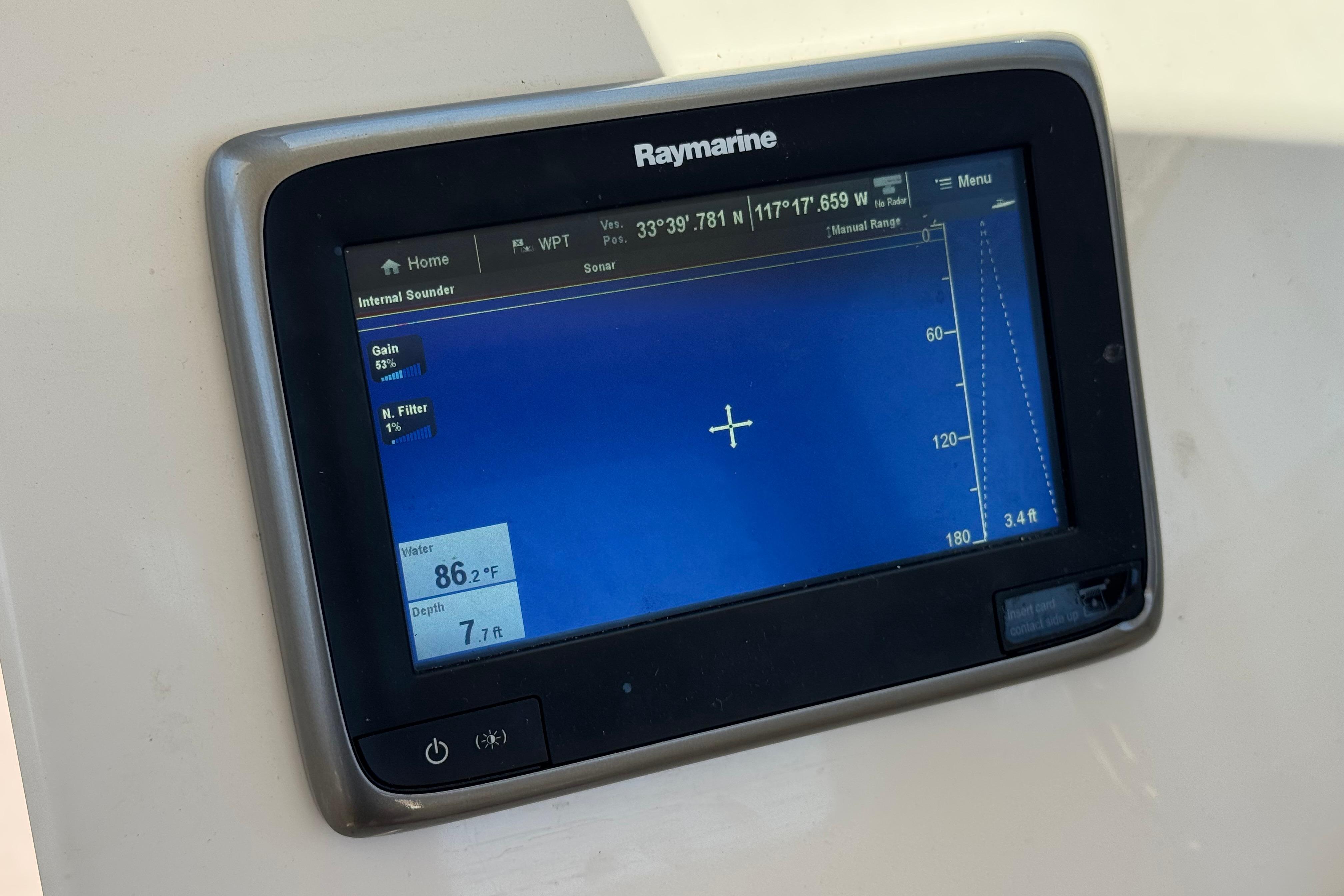Raymarine sonar display on 2017 Defiance Admiral 220 EX, showing water temperature and depth.