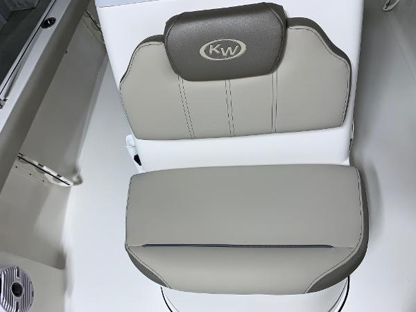 Key West 188 Bay Reef 2026 boat seat with KW logo, gray and white upholstery.
