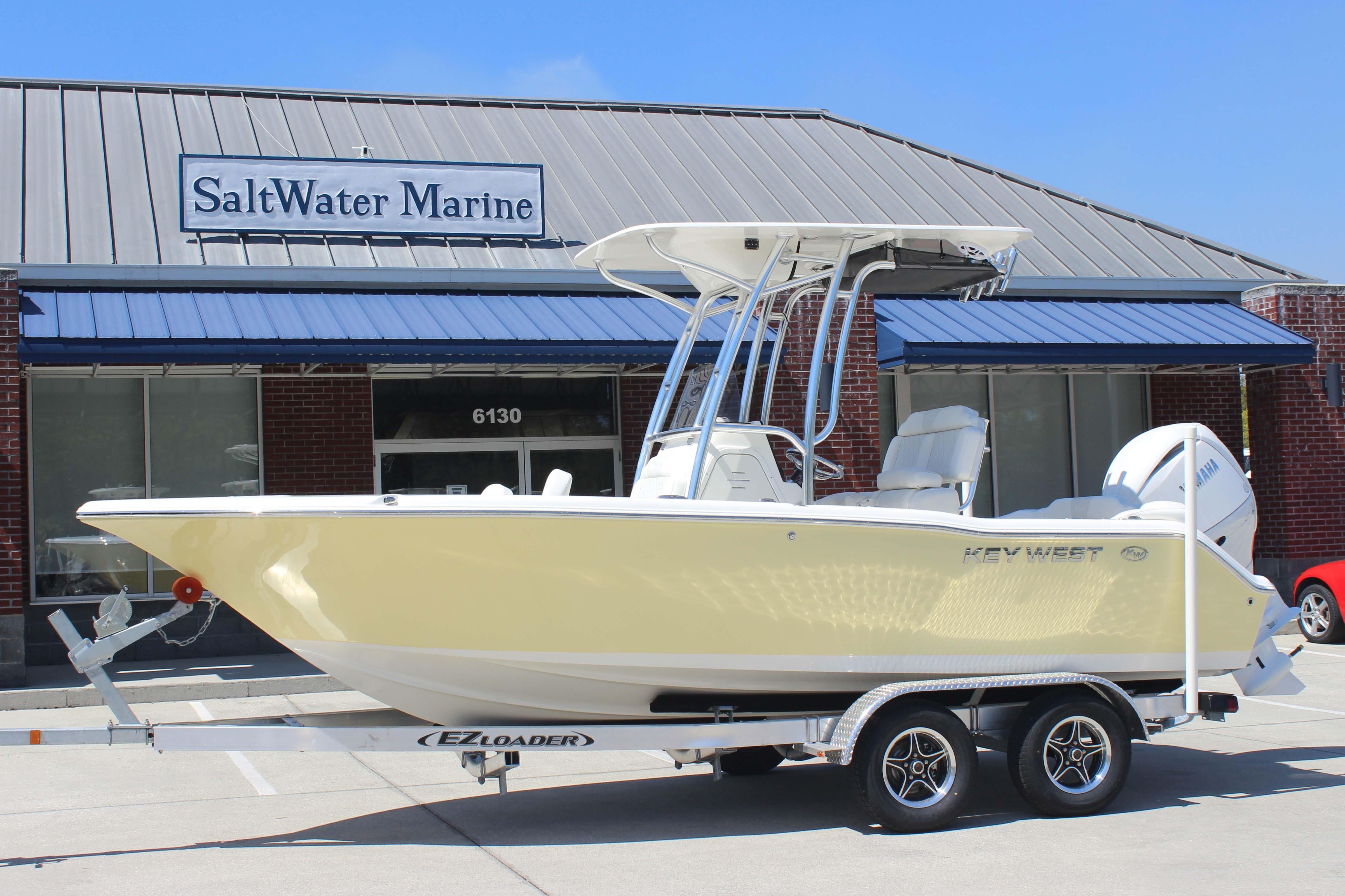 2026 Key West 203 FS boat on trailer outside SaltWater Marine dealership.