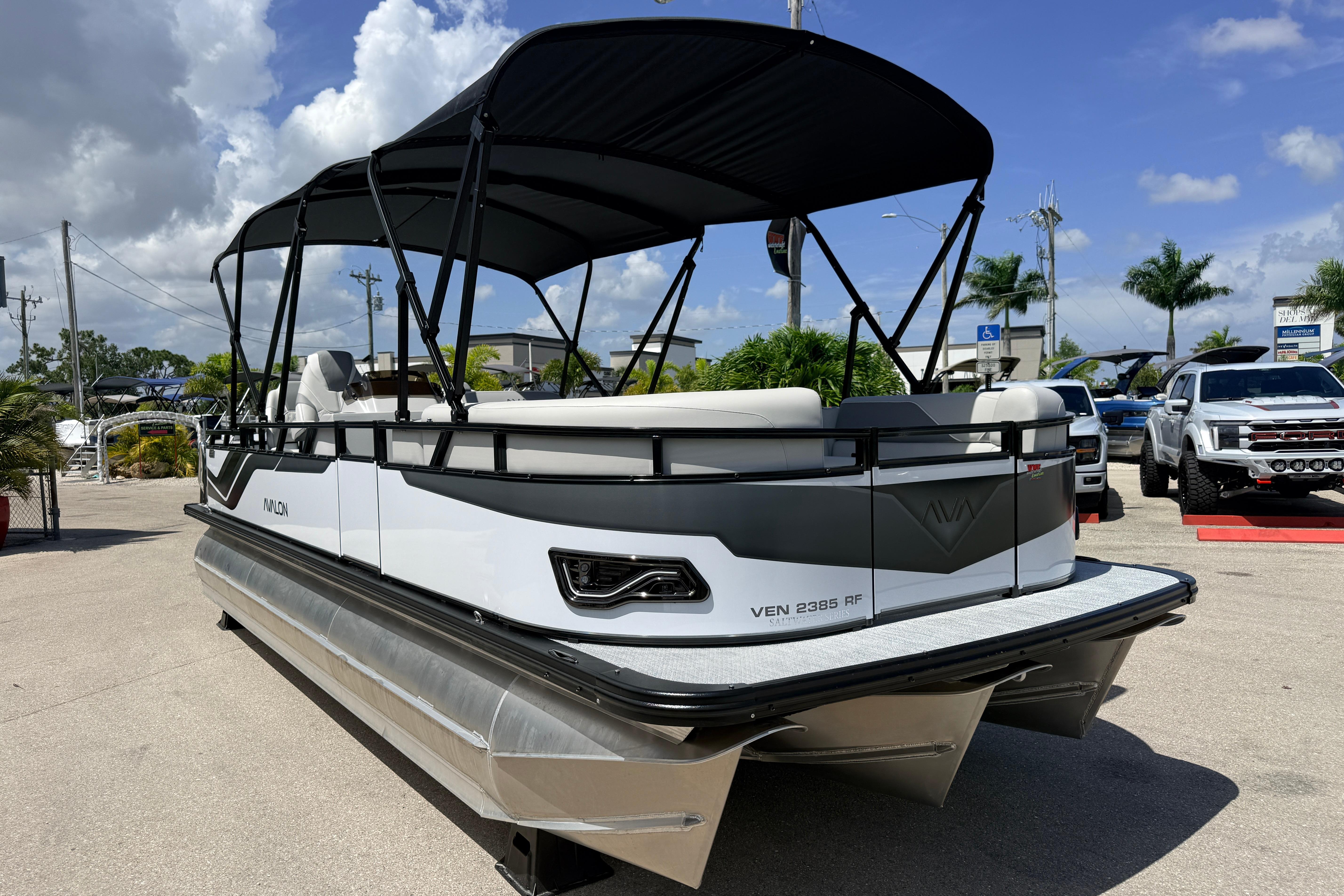 2026 Avalon 2385 Venture 85 Rear Fish Tri Toon boat with high performance features.