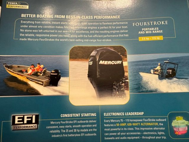 Advertisement for Mercury FourStroke outboard motors with boat on water.