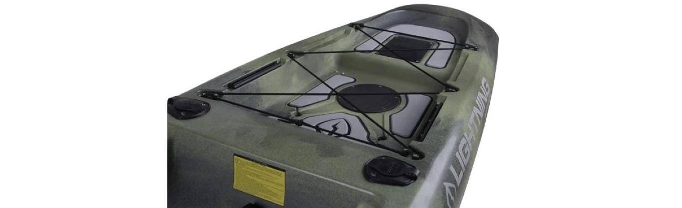 2023 Lightning Kayaks Strike HD, green kayak with bungee storage system.