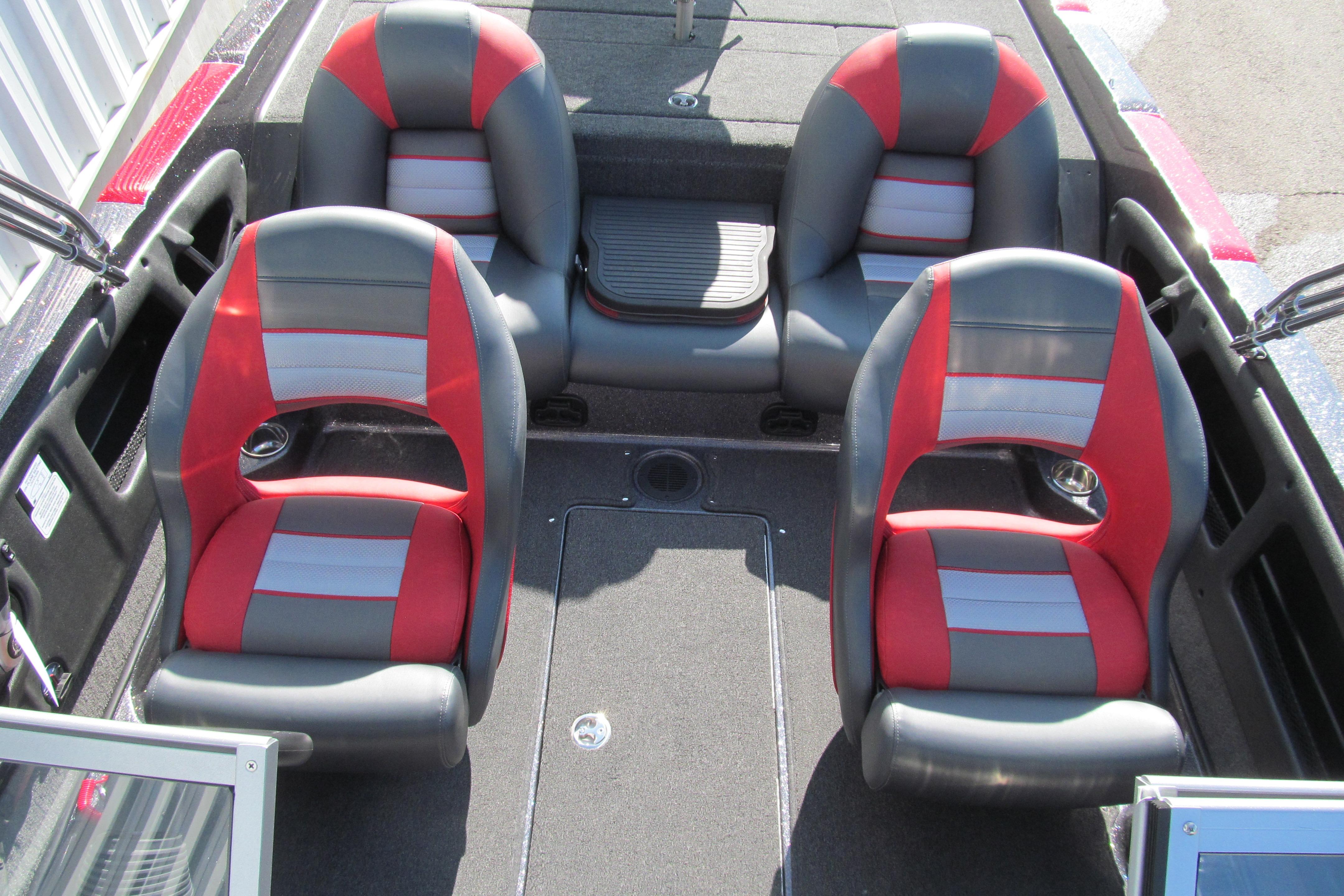 2026 Ranger 212LS boat interior with red and gray seating arrangement.