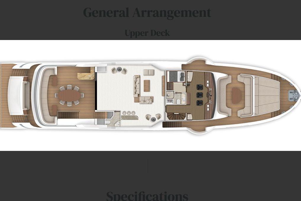 Upper deck layout of 2027 Lazzara UHV 125 yacht, featuring seating and dining areas.