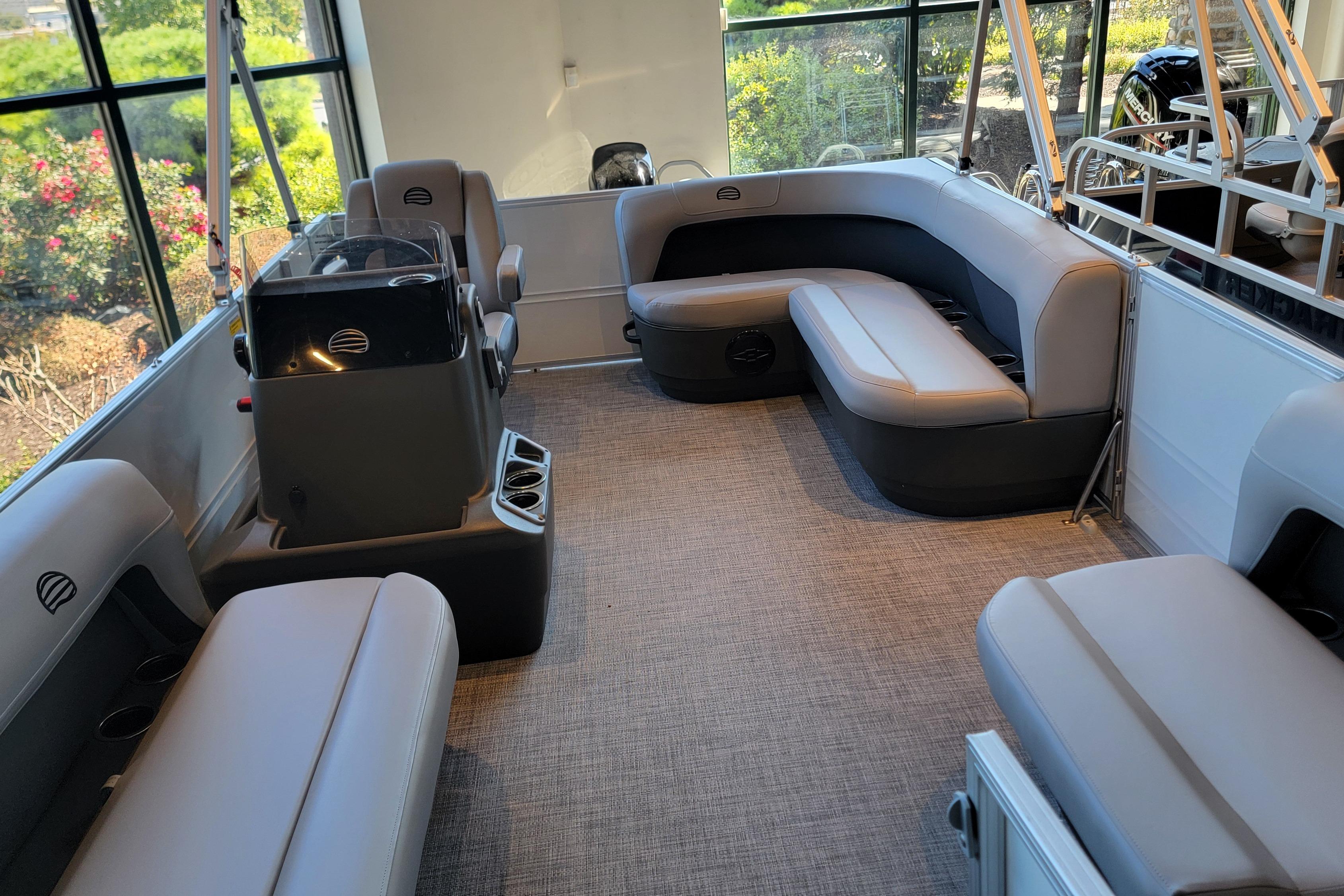 Interior of 2026 Sun Tracker Party Barge 16 DLX with spacious seating and modern design.
