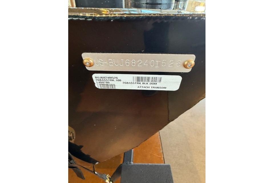 2026 Tracker Bass Tracker Classic XL transom with identification plate and label.