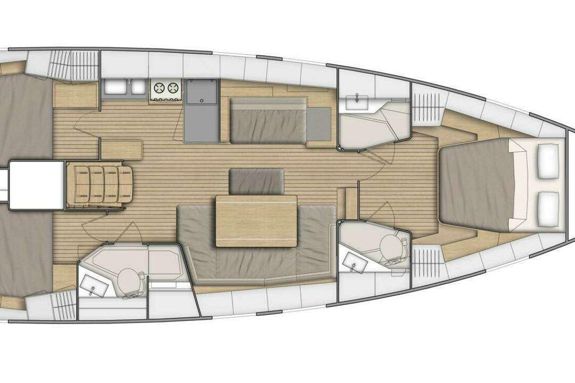 Floor plan of a 2020 Beneteau Oceanis 46.1 yacht, featuring spacious cabins and modern amenities.