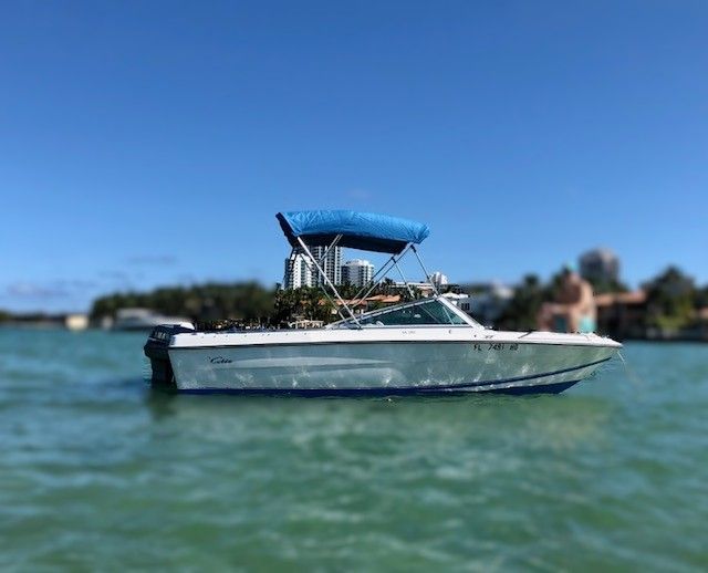 A 1993 Cobia SS 190 boat on calm water with a blue sky in the background.