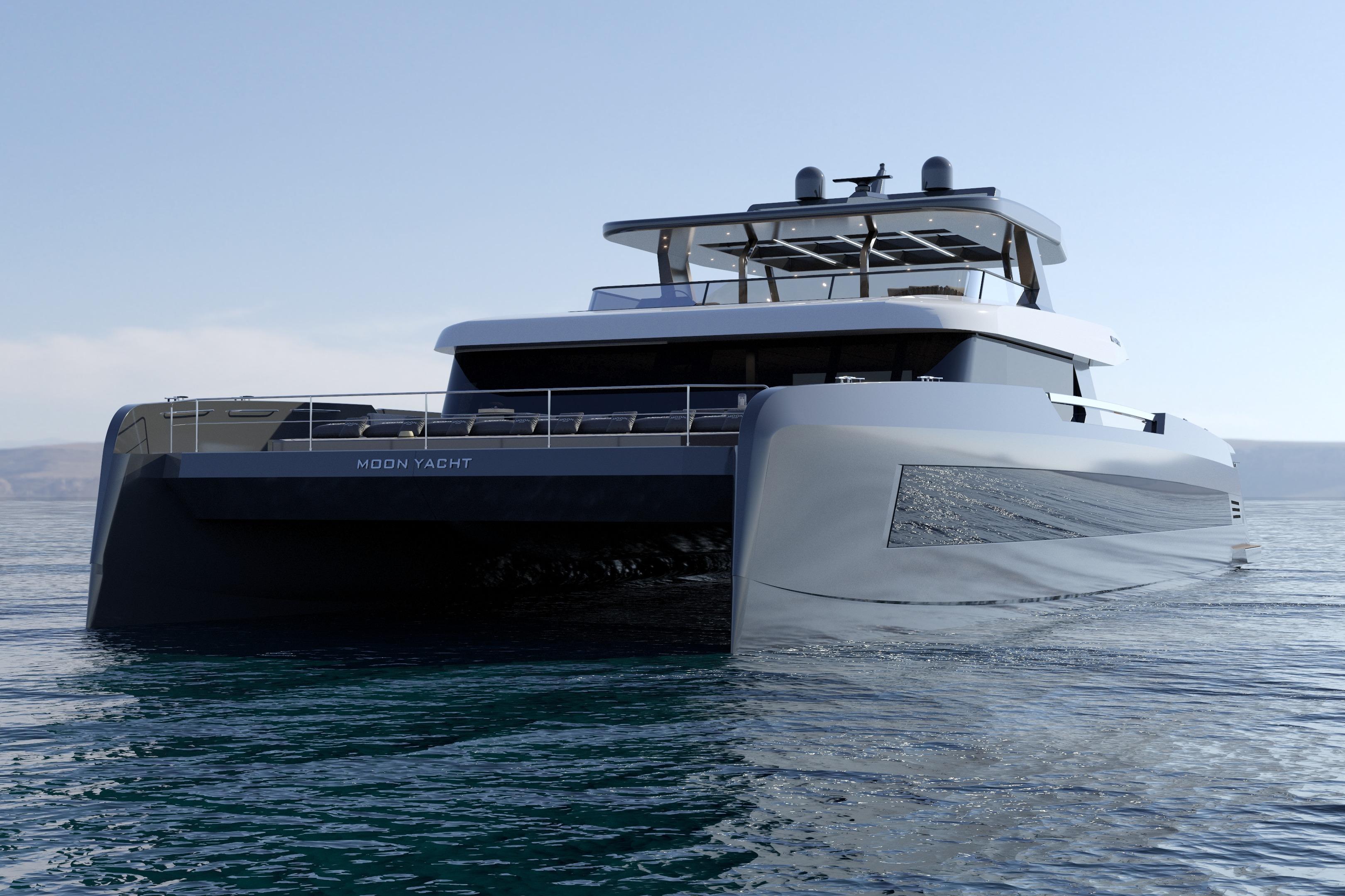 Futuristic 2027 Moon 9ty yacht cruising on calm waters.
