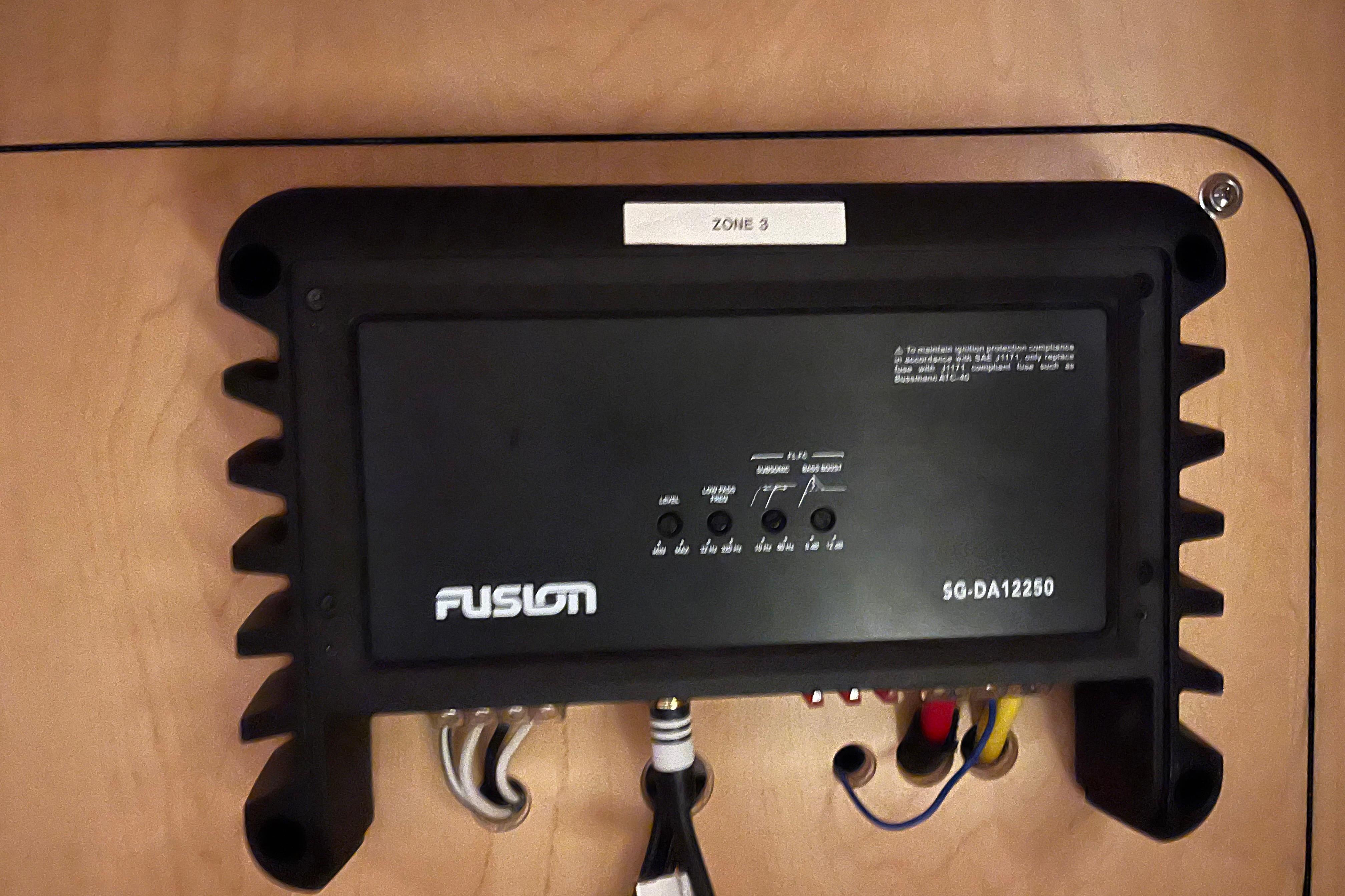 Fusion audio amplifier installed on 2008 Sea Ray 350 Sundancer boat, labeled Zone 3.
