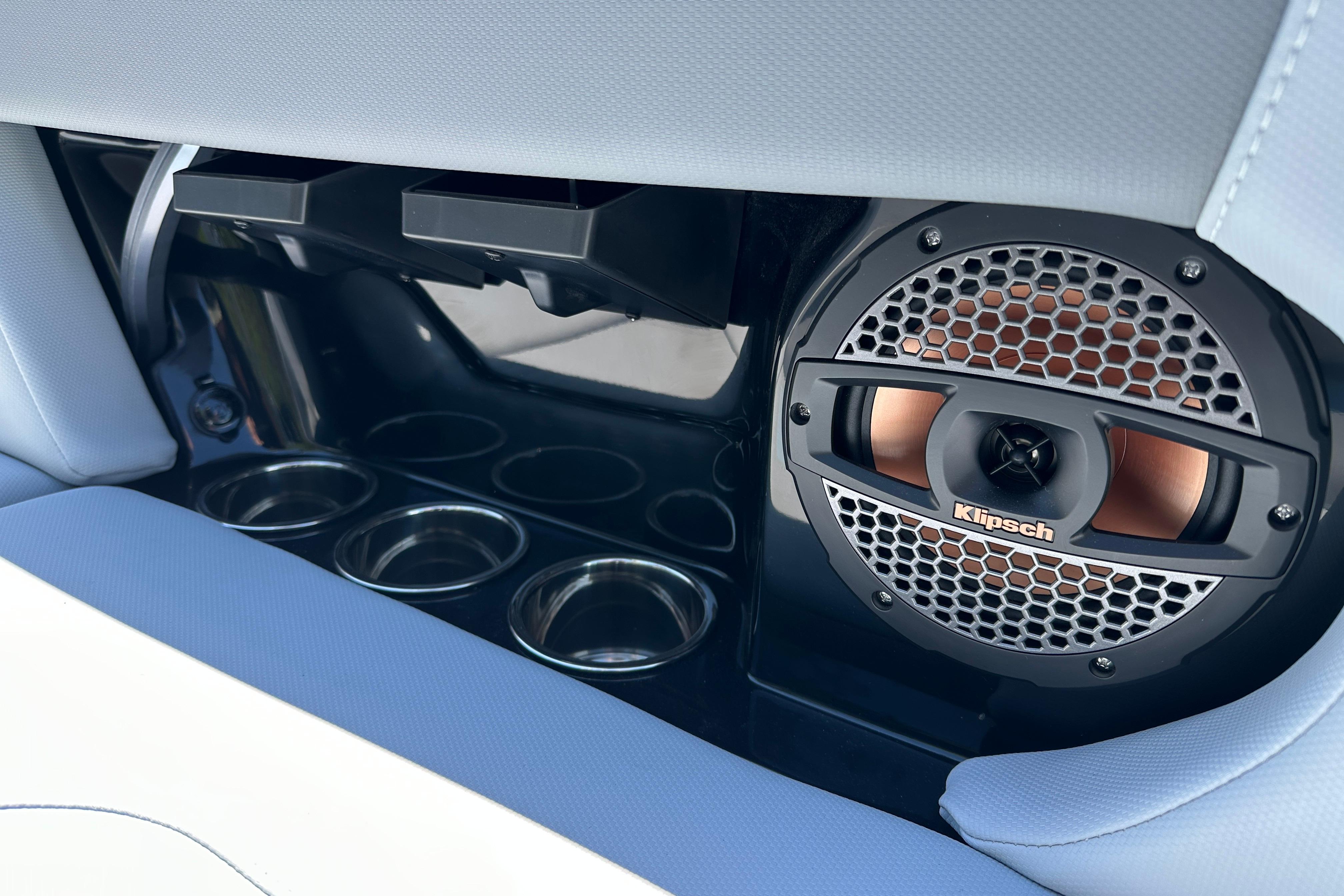 2023 MasterCraft NXT23 interior with Klipsch speaker and cup holders.