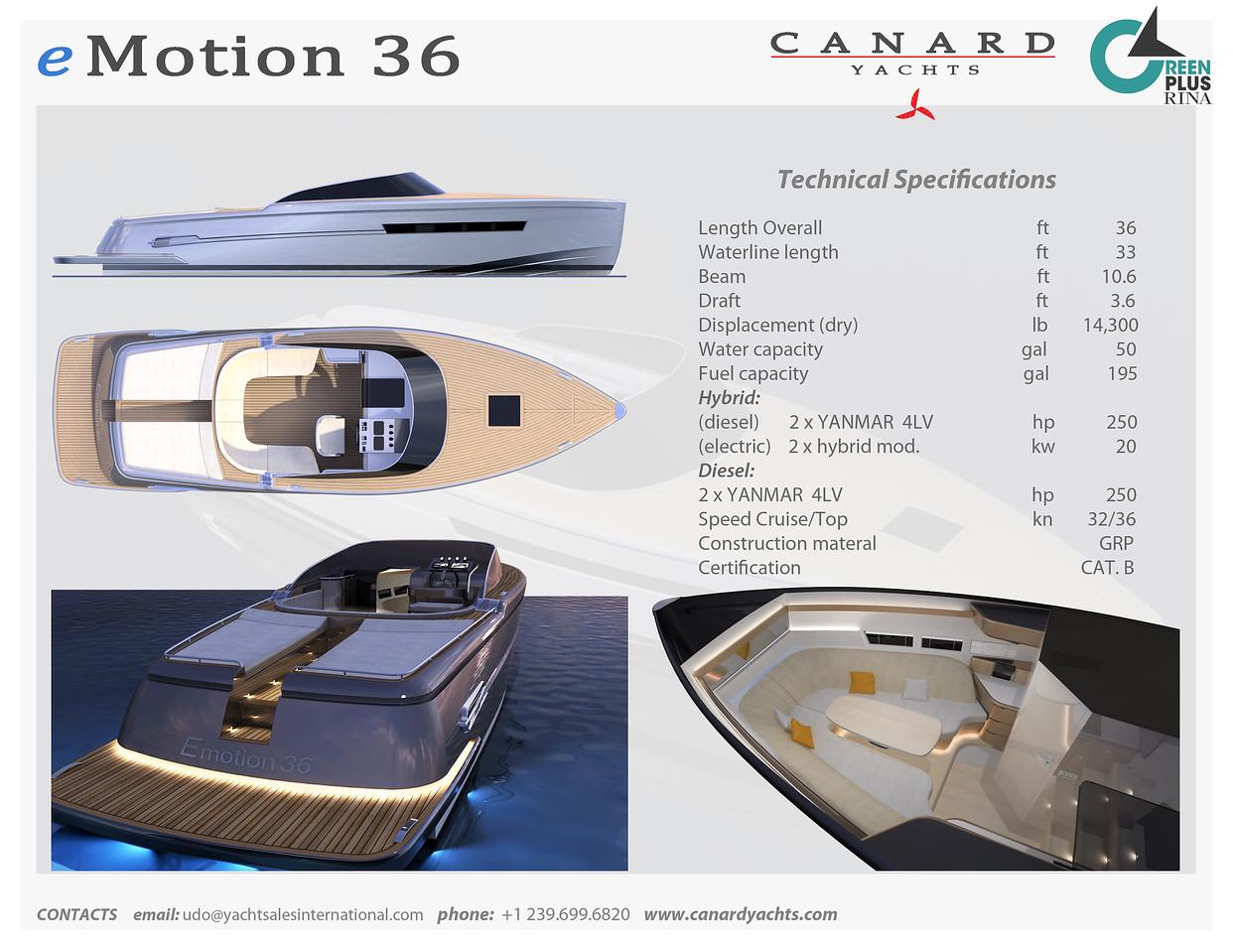2018 Canard Yachts eMotion HYBRID, luxury yacht with sleek design and advanced hybrid technology.