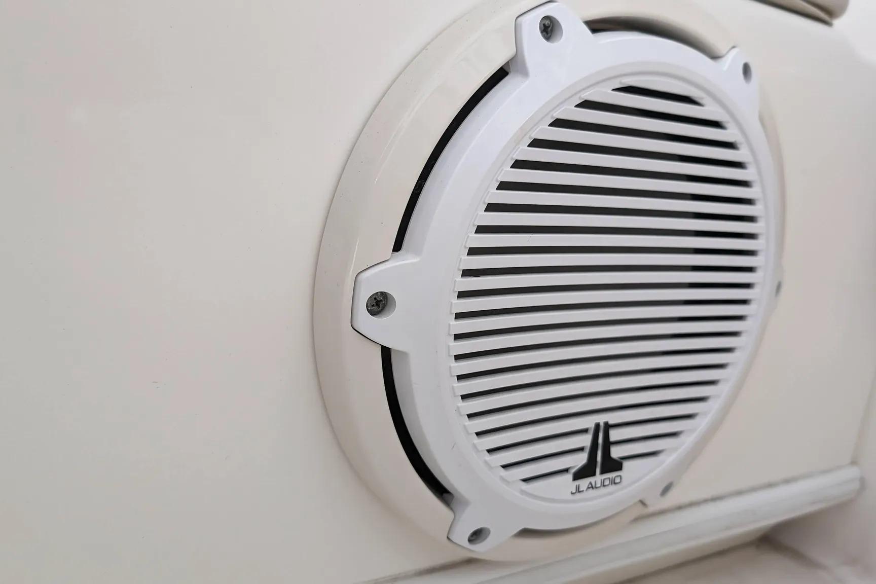 Close-up of JL Audio speaker on 2017 Boston Whaler 320 Vantage boat.