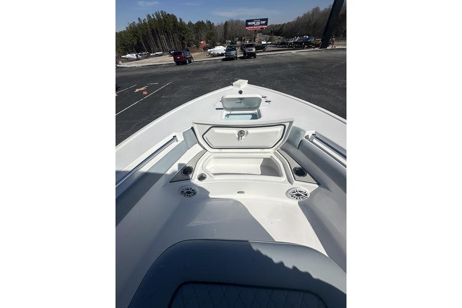 2026 Sportsman Masters 247 Bay Boat interior with open storage compartments.