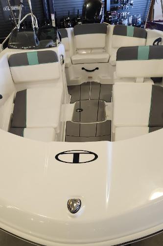 2025 Tahoe T16 boat interior with white and gray seating, modern design.